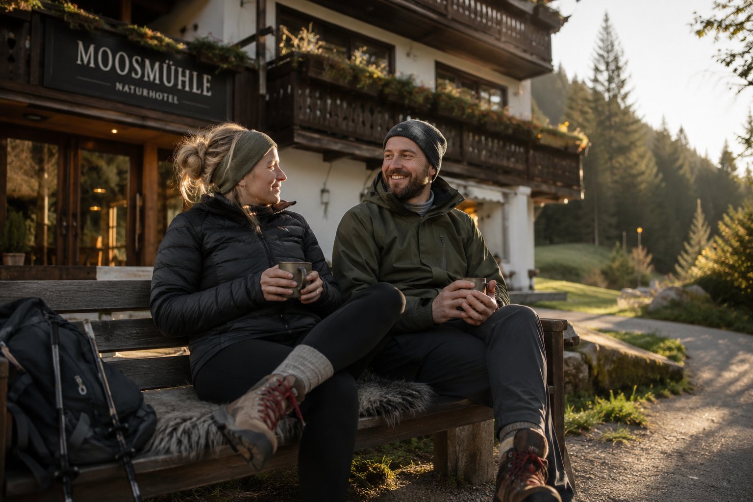 Zwei Wandergäste sitzen mit dampfenden Tassen vor dem Hotel im Morgenlicht