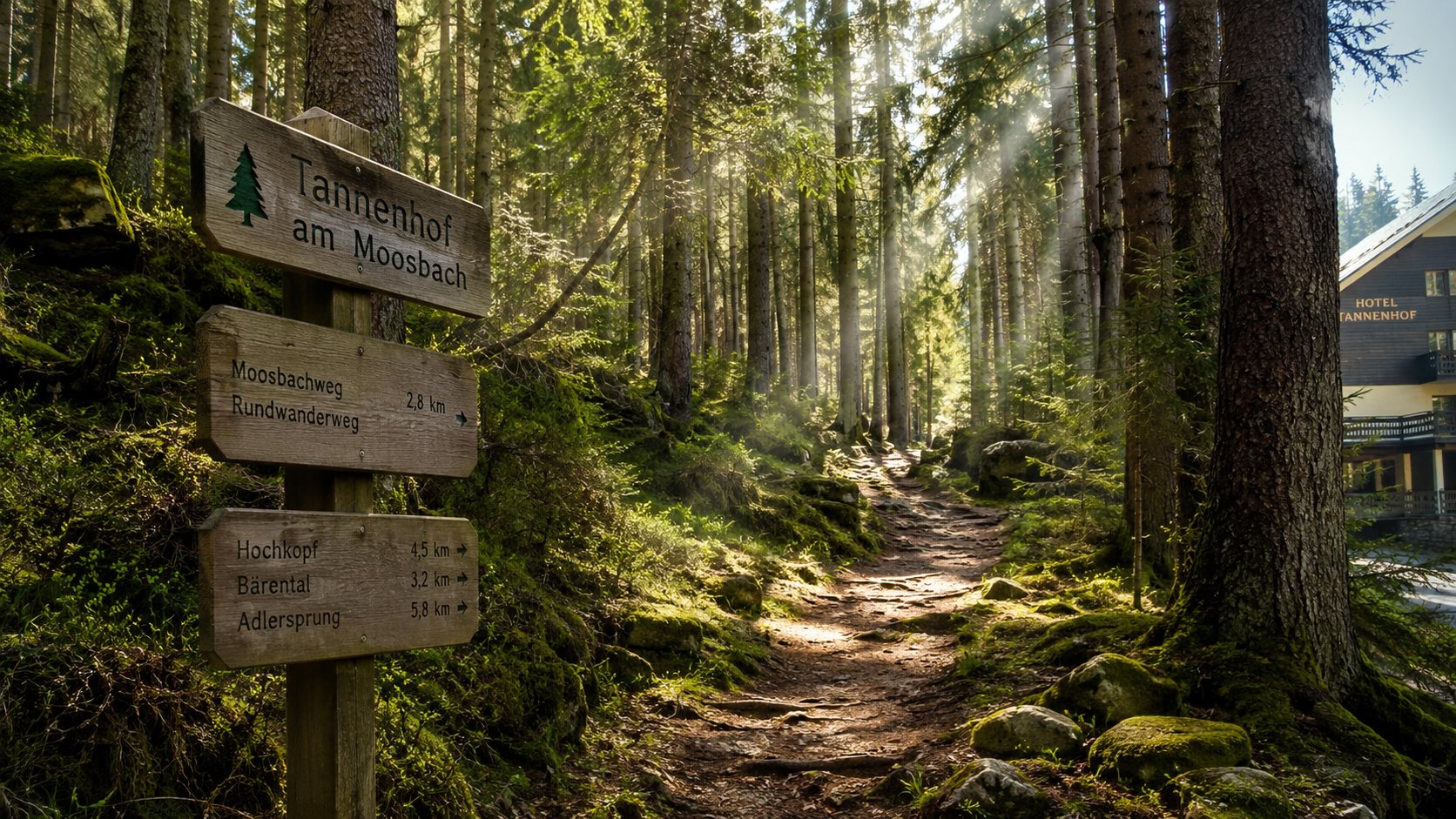 Wegweiser Tannenhof am Moosbach mit Wanderrouten und sonnendurchfluteter Waldpfad