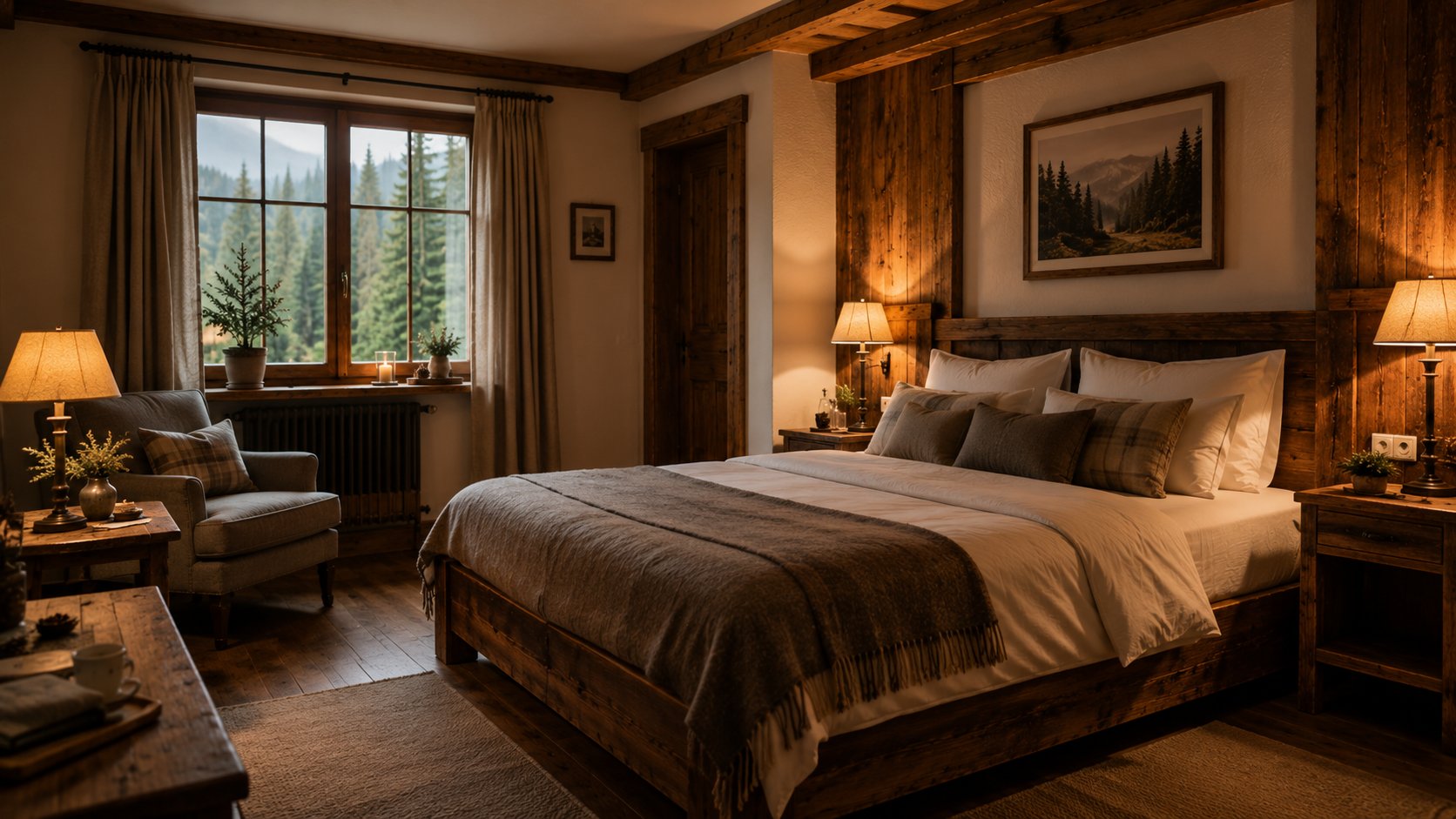 Doppelzimmer Tannenblick mit dunklem Holz und Wollplaid